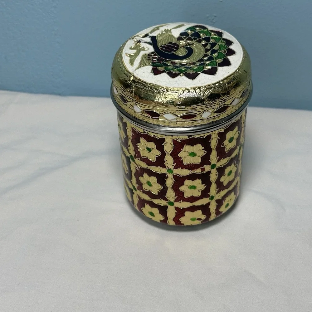 Meenakari Stainless Steel Box Peacock Lid Indian Decorative Canister Dabba
